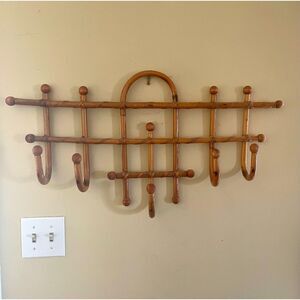 Vintage Midcentury Bamboo Rattan Bent Wood Coat Hat Rack 5 Hooks Boho Chic Retro